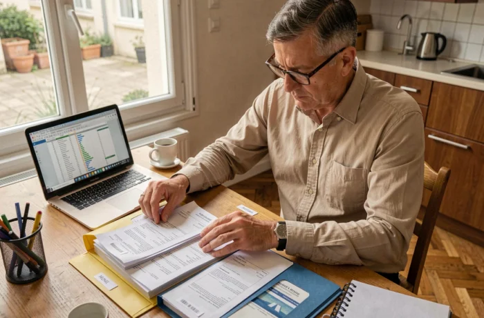 Copropriétaire organisant ses documents de chauffage et factures énergétiques à domicile