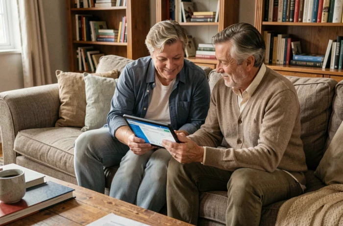 Couple consultant leur tableau de bord bancaire en ligne sur une tablette dans leur salon