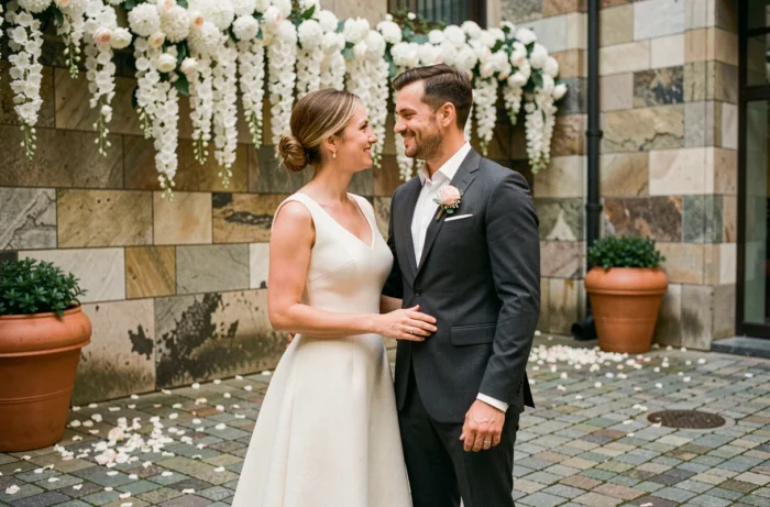 Couple de mariés élégants dans une cour urbaine décorée de fleurs blanches cascadantes, tendances mariage contemporain