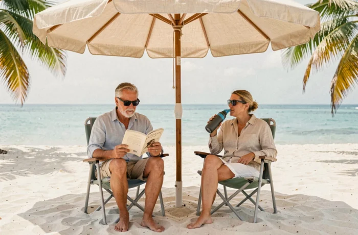 Couple sous un parasol de protection UV sur une plage tropicale, adoptant les bons gestes pour bronzer en sécurité