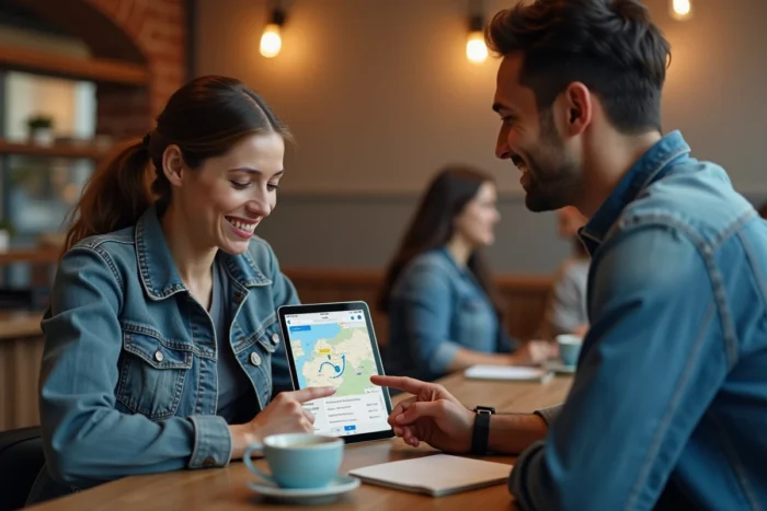 Couple planifiant un voyage routier avec Michelin sur une tablette dans un café urbain