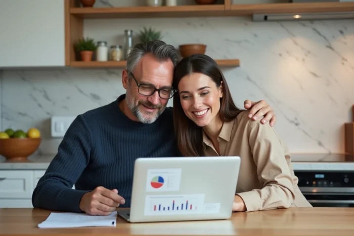 Couple analysant ensemble le calcul de remboursement de leur prêt immobilier sur un ordinateur portable