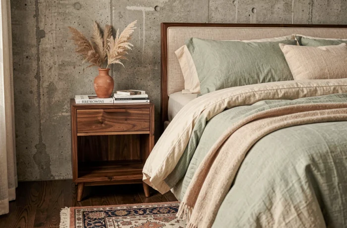 Coin chambre à coucher élégant avec literie en lin belge ivoire, table de chevet en noyer et herbes séchées dans une vase en terre cuite sur parquet sombre