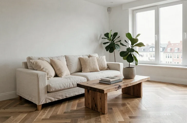 Salon de style scandinave avec canapé en lin crème, table basse en chêne et plante fiddle-leaf dans un appartement moderne à parquet en chevrons