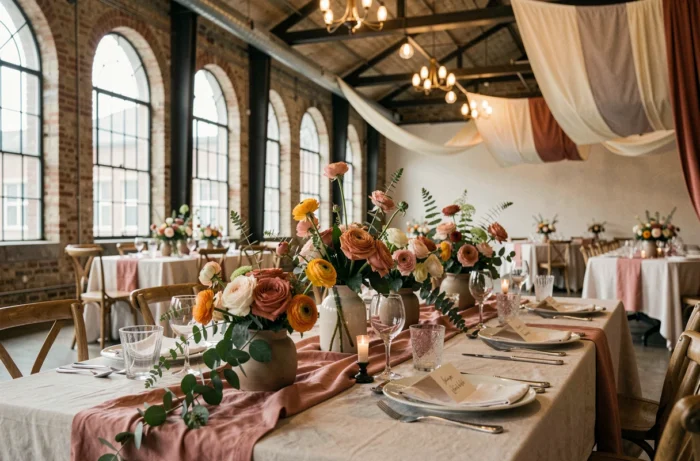 Décoration de table de réception de mariage tendance avec fleurs, verrerie vintage et calligraphie dans un lieu industriel chic