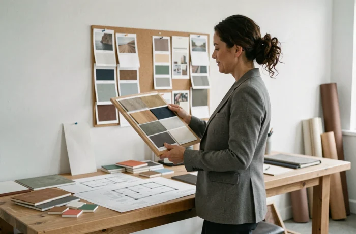 Décoratrice d'intérieur étudiant des échantillons de tissu et de couleurs devant un mur de présentation dans un studio de design professionnel
