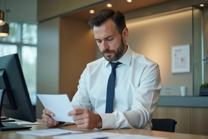 Employé de banque vérifiant un chèque au guichet lors d'un traitement d'encaissement
