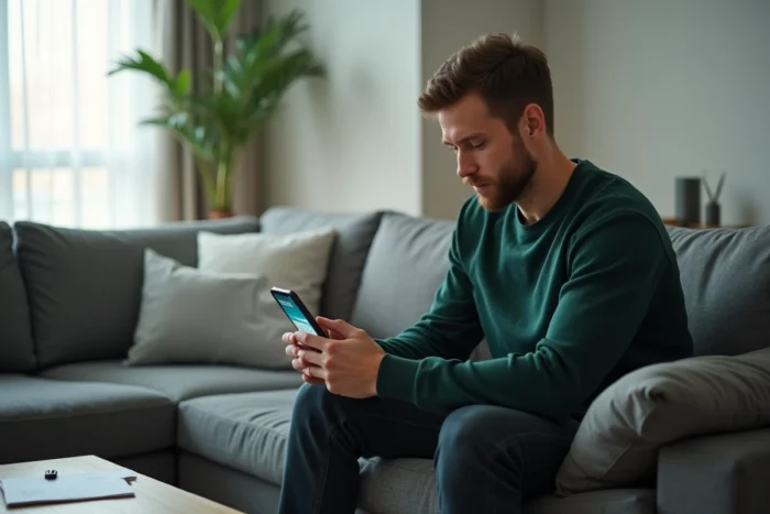 Homme consultant son relevé d'information assurance auto sur smartphone depuis chez lui