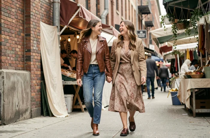 Deux jeunes femmes portant des tenues tendance contrastées se promenant dans un marché urbain animé