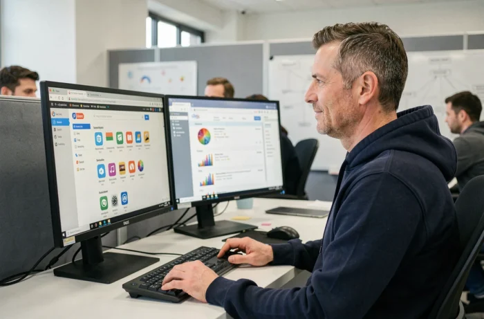 Développeur informatique recherchant et téléchargeant des logiciels sur une plateforme fiable en ligne
