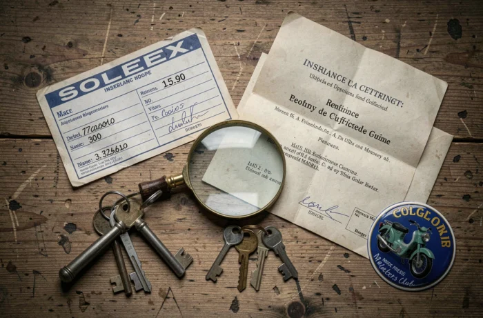 Documents d'assurance et carte grise d'un solex de collection posés sur une table en bois avec accessoires de collectionneur