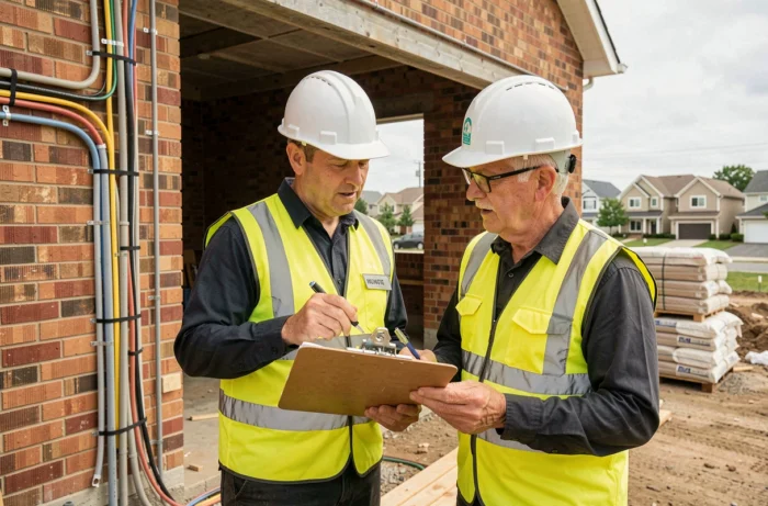 Two electricians in yellow vests consulting an electrical installation plan on a residential construction site