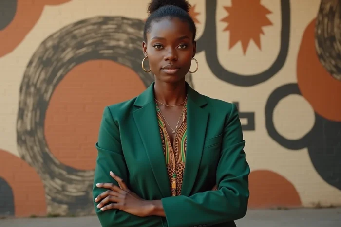 Femme élégante en blazer vert devant une fresque murale inspirée des symboles Adinkra africains