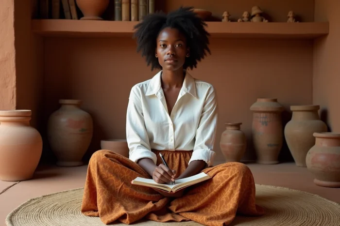 Femme tenant un journal intime dans un intérieur décoré d'objets culturels africains et de poteries artisanales
