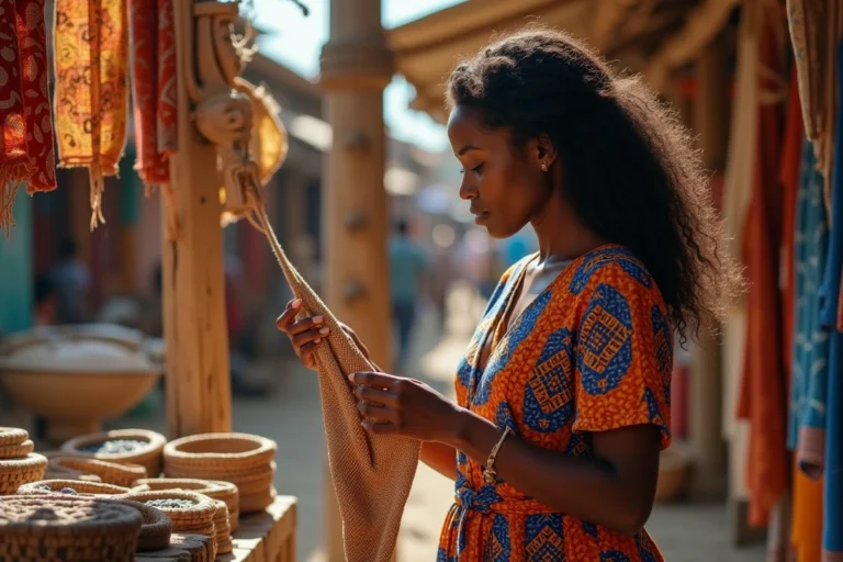 Jeune femme africaine en robe wax admirant des textiles traditionnels sur un marché artisanal coloré