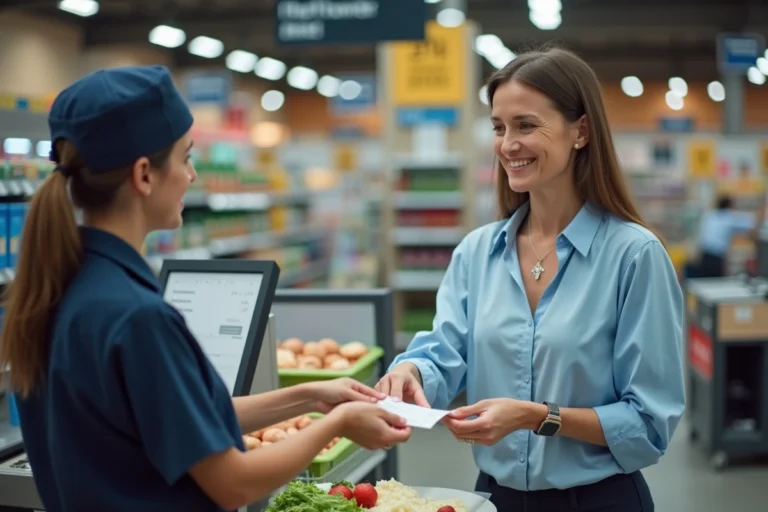 Femme remettant un chèque à une caissière au guichet d'un supermarché Carrefour