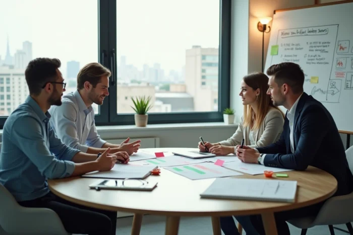 Équipe de professionnels en réunion pour trouver des solutions de financement et soutenir un projet commun