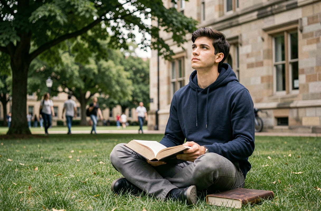 Étudiant en philosophie méditant sur le concept du bonheur, assis sur une pelouse de campus universitaire avec un manuel ouvert