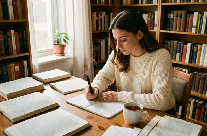 Étudiante en philosophie prenant des notes pour une dissertation sur le bonheur, entourée de livres et de cahiers sur un bureau en bois