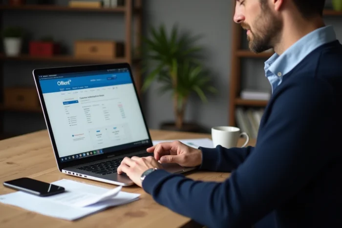 Homme consultant le site Carrefour sur un ordinateur portable pour obtenir une facture d'achat en ligne