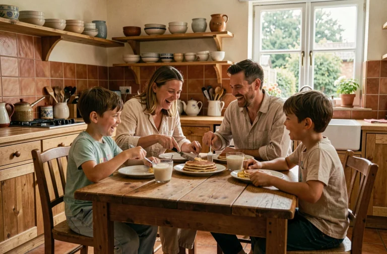 Famille réunie autour de la table en bois pour préparer des crêpes ensemble le matin, ambiance chaleureuse et naturelle dans une cuisine familiale