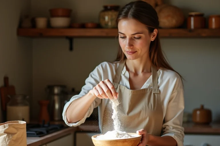 Femme versant de la farine périmée dans un bol en bois dans une cuisine rustique, en vue de la composter