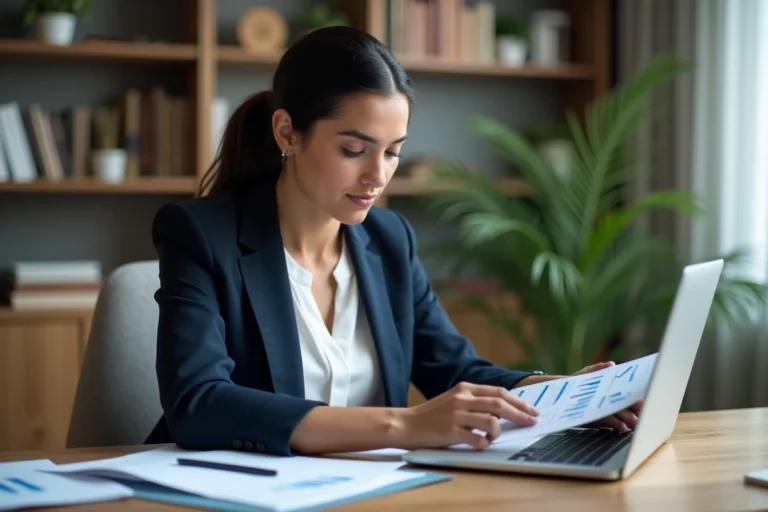 Femme analysant des documents financiers sur un bureau pour éviter les erreurs d'investissement avec Gadrov