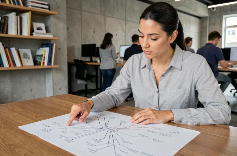 Femme analysant un plan de site détaillé sur un bureau en bois dans un bureau moderne