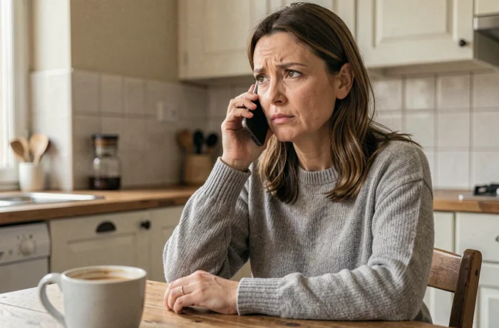 Femme appelant le service client Orange 3900 depuis sa cuisine avec un smartphone