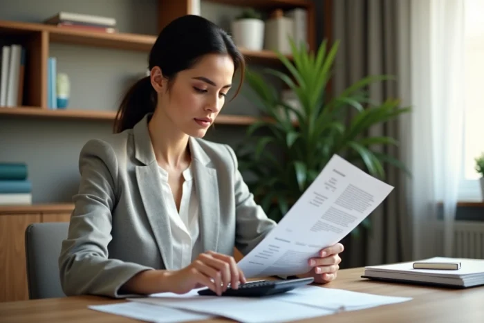 Femme consultant des documents de remboursement de prêt immobilier à son bureau avec une calculatrice