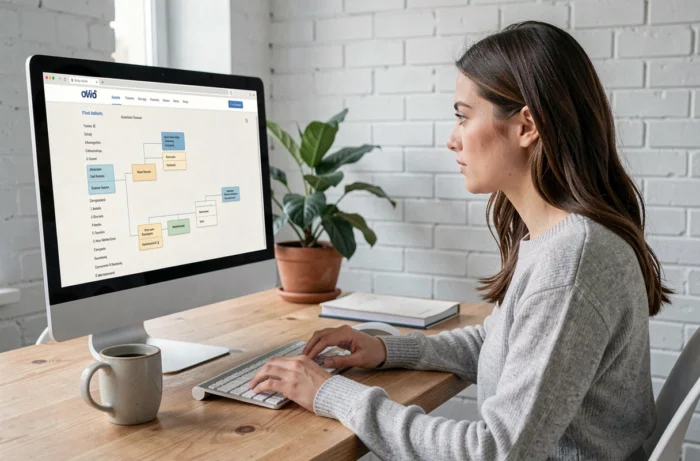 Femme consultant un sitemap de magazine en ligne sur un écran d'ordinateur dans un bureau minimaliste