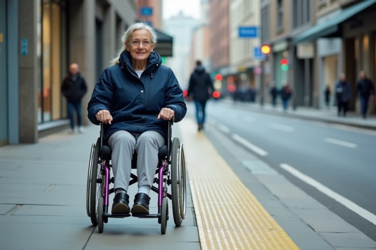 Femme en fauteuil roulant utilisant une rampe d'accès PMR sur un trottoir urbain moderne