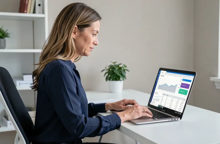Femme gérant ses comptes bancaires en ligne sur un tableau de bord numérique depuis son bureau à domicile