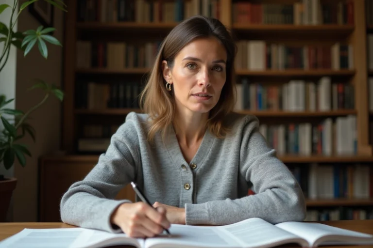 Femme consultant des livres de grammaire française à son bureau pour vérifier l'utilisation correcte d'une expression