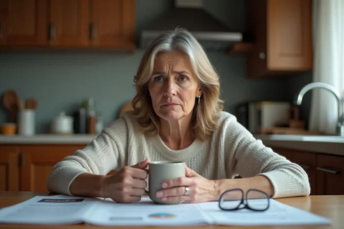 Femme lisant des documents médicaux sur la maladie de Pierre Servant avec une expression préoccupée à la maison