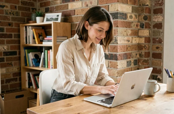 Jeune femme française lisant un blog sur les chatbots sur son ordinateur portable dans un appartement parisien