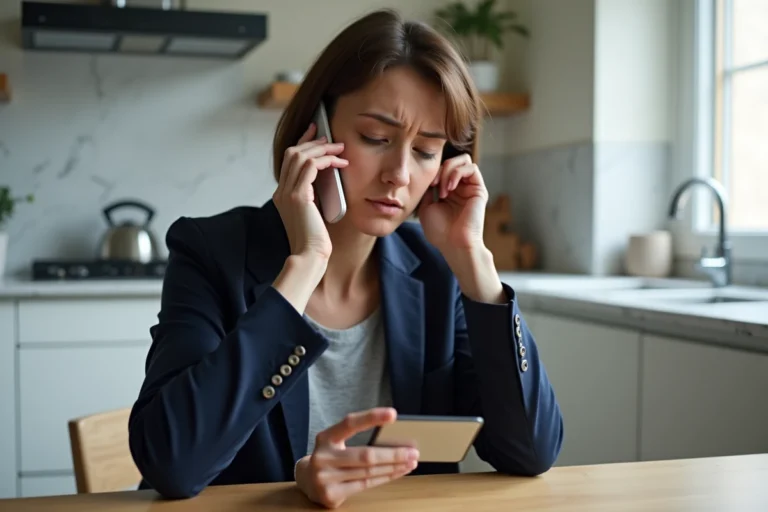 Femme inquiète téléphonant à sa banque pour faire opposition sur sa carte bancaire La Banque Postale