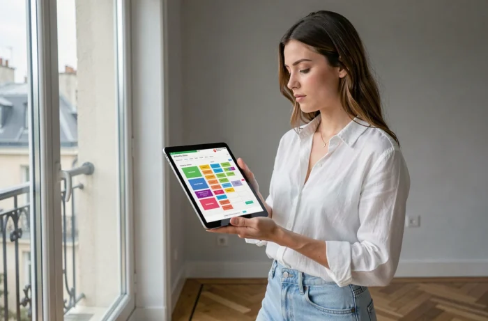 Jeune femme consultant un plan de site de blog sur une tablette dans un appartement parisien moderne