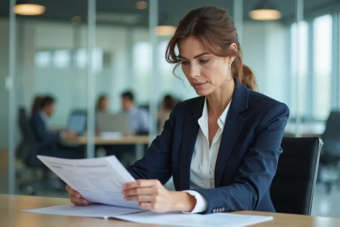 Femme professionnelle consultant un document financier lié au code APRM dans un bureau moderne