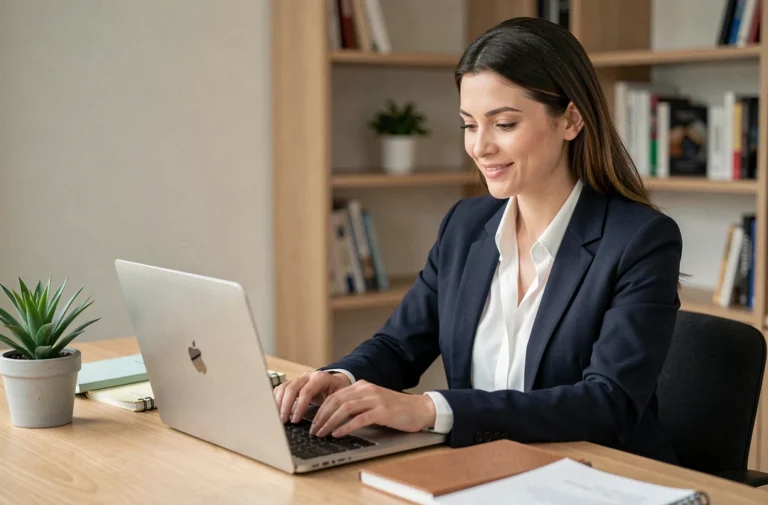 Femme professionnelle consultant des offres d'emploi en ligne sur son ordinateur portable dans un bureau à domicile moderne et organisé