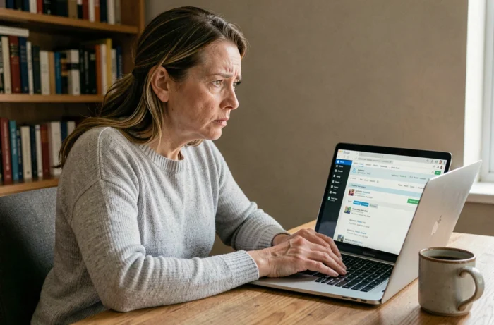 Femme au bureau consultant sa boîte mail sur un ordinateur portable pour récupérer un email supprimé