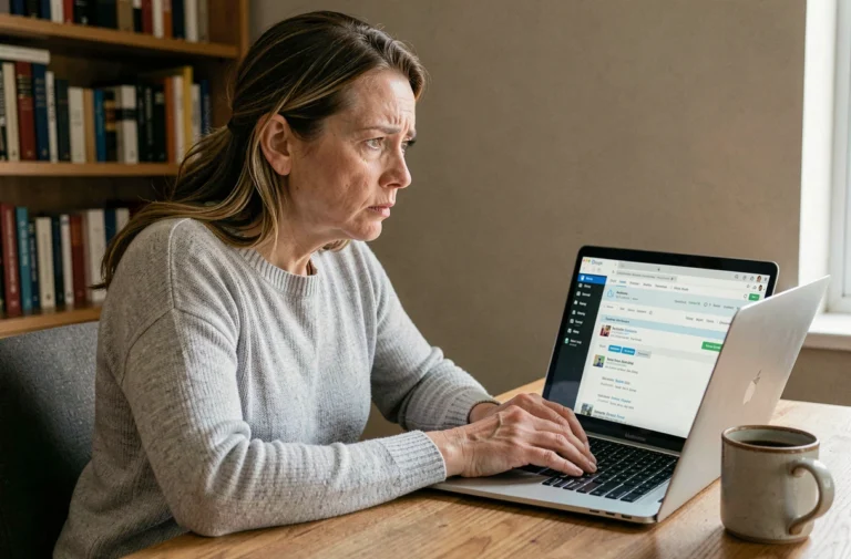 Femme au bureau consultant sa boîte mail sur un ordinateur portable pour récupérer un email supprimé