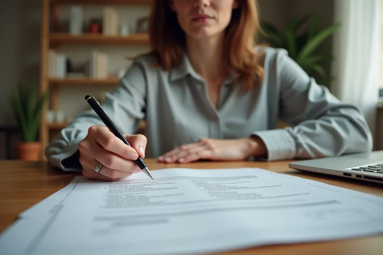 Femme remplissant un relevé d'information assurance auto à son bureau à domicile
