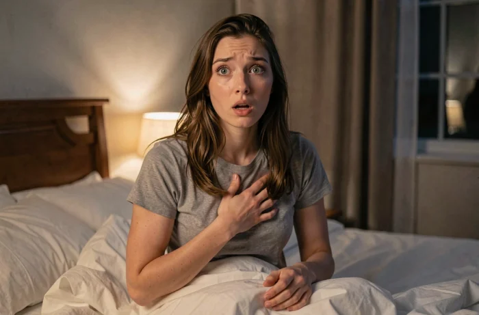 Femme réveillée en sursaut dans son lit après un rêve d'agression, expression de peur sur le visage