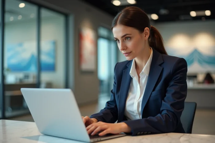 Femme professionnelle consultant ses finances sur un ordinateur portable dans une agence bancaire moderne