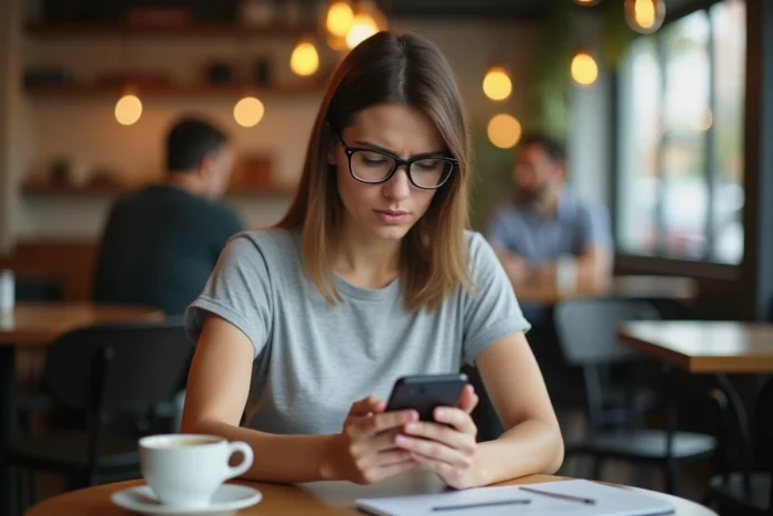 Femme regardant un téléphone affichant le mode navigation privée dans un café urbain avec une expression perplexe