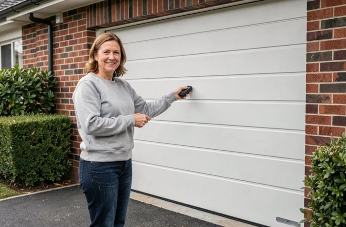 Femme utilisant la télécommande devant une porte de garage enroulable nouvellement installée