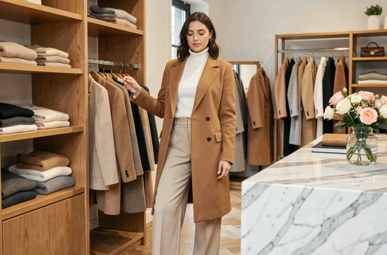 Femme élégante en manteau camel essayant des vêtements tendance dans une boutique de mode parisienne