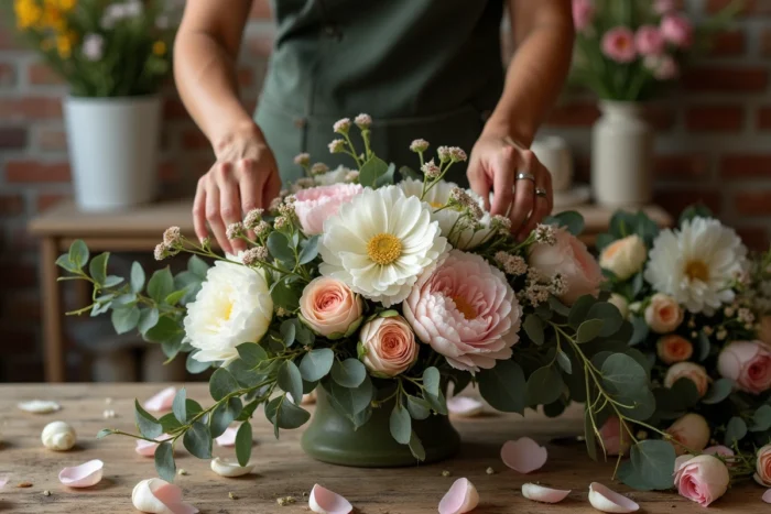 Un fleuriste compose un arrangement de mariage avec des fleurs de saison comme des pivoines et de l'eucalyptus