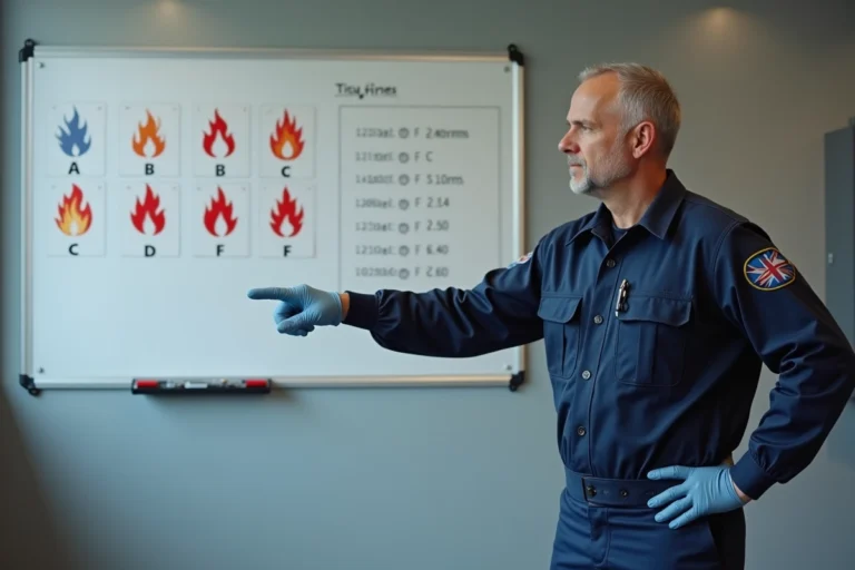 Formateur en sécurité incendie expliquant les classes de feu devant un tableau éducatif mural